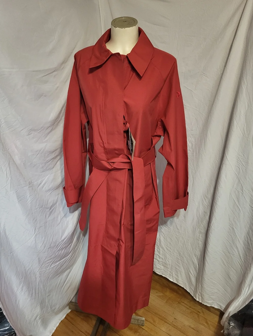 Peak Performance Red Trench Coat with Tie Belt, Size Medium - Picture 3 of 17